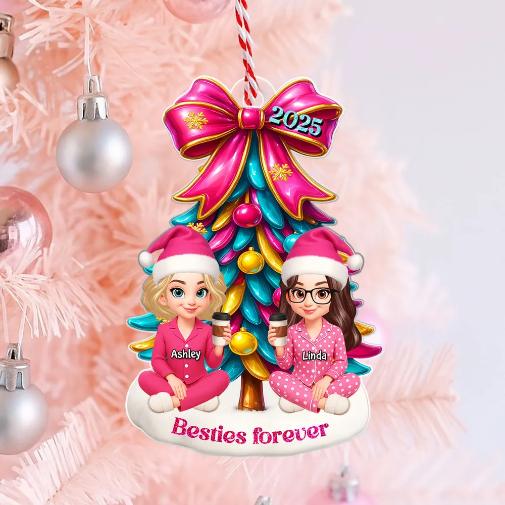 Besties Sitting Under Pink Christmas Tree Personalized Acrylic Ornament, Christmas Gift for Best Friends, Sisters