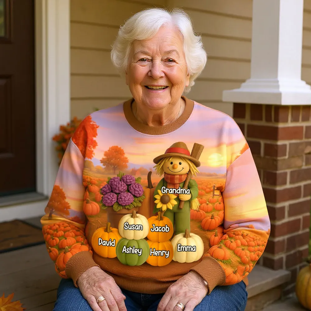 Fall Scarecrow Grandma with Pumpkins Grandkids Names 3D Effect Personalized Sweatshirt
