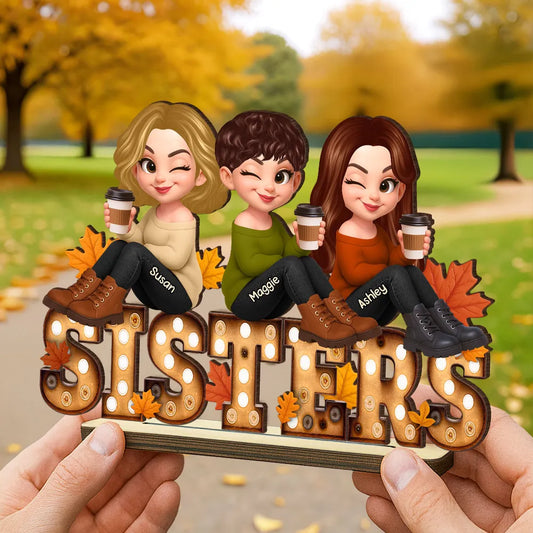 Fall Besties Sitting On Text Marquee Effect Personalized Standing Wooden Plaque, Meaningful Gift For Best Friends