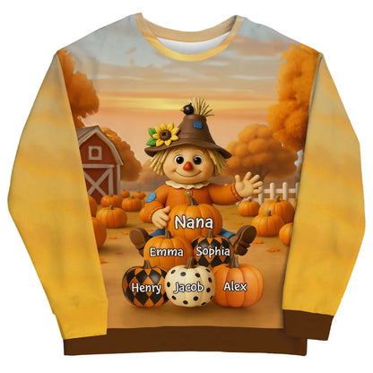 Fall Season Grandma Scarecrow Grandkids Pumpkins 3D Effect Personalized Sweatshirt