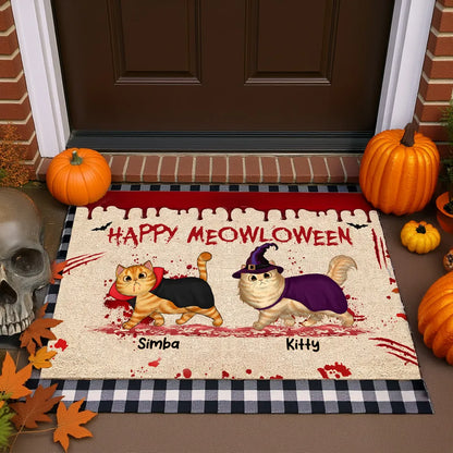 Happy Meowloween Spooky Walking Cat Personalized Doormat, Halloween Decor
