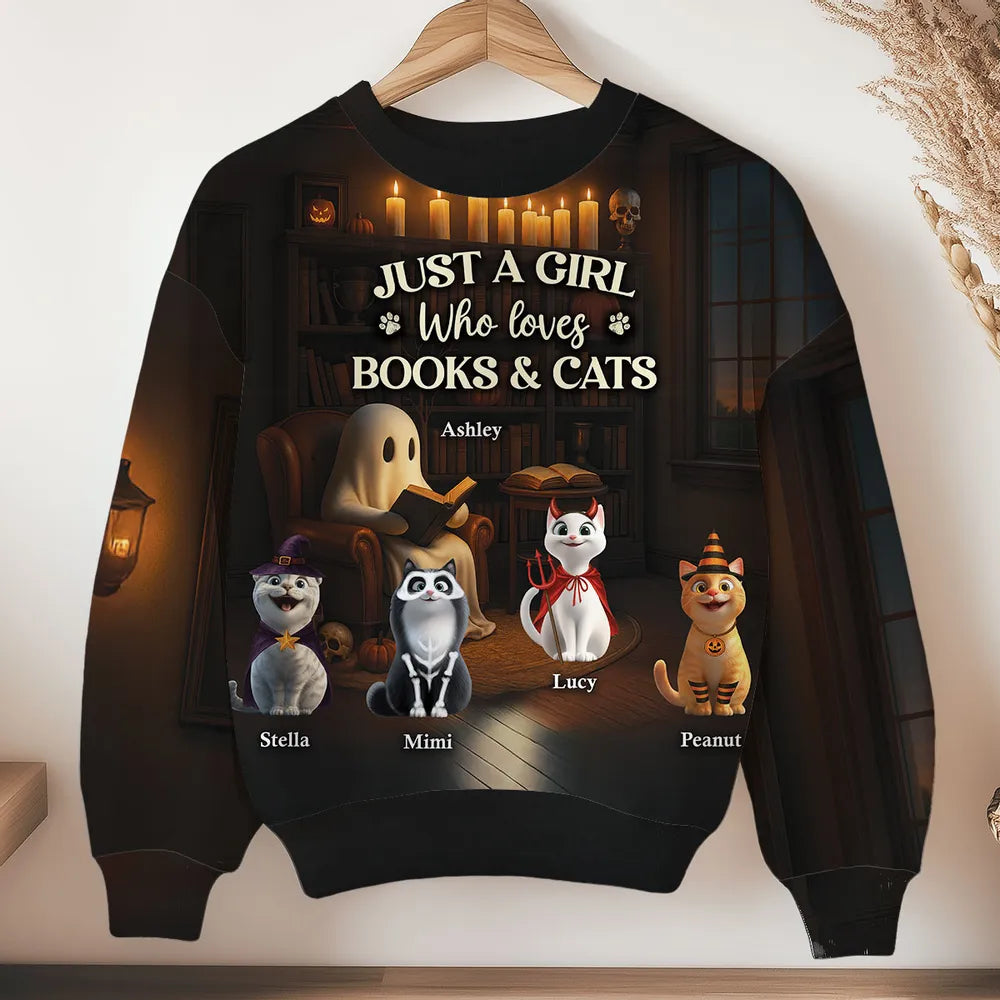 Just a Girl Who Loves Books and Cats Halloween Personalized Sweatshirt, Cozy Fall Sweatshirt for Cat Moms