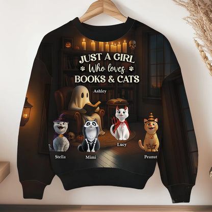 Just a Girl Who Loves Books and Cats Halloween Personalized Sweatshirt, Cozy Fall Sweatshirt for Cat Moms