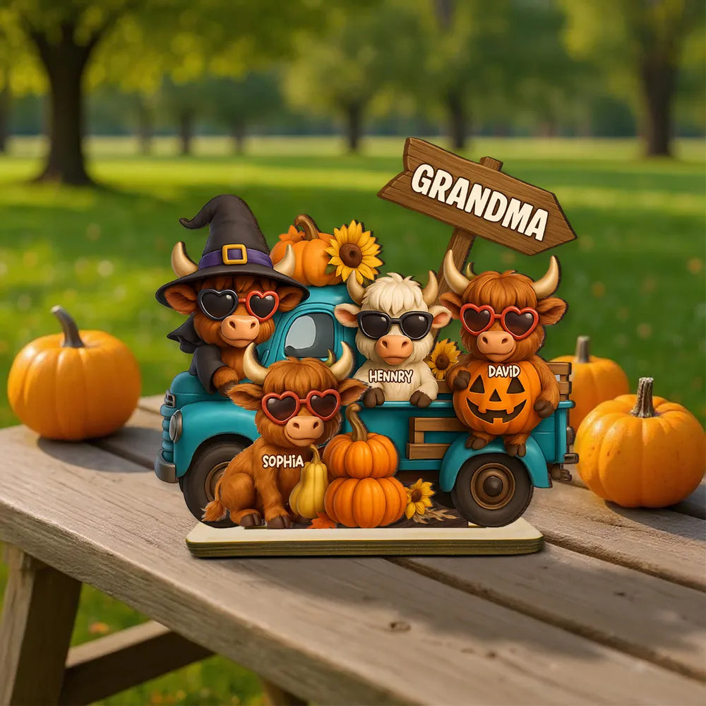 Mom Grandma Highland Cow on Truck Personalized Standing Wooden Plaque, Cozy Fall Vibe Halloween Decor for Mom, Grandma
