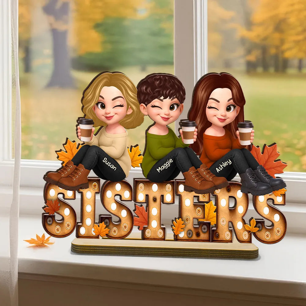 Fall Besties Sitting On Text Marquee Effect Personalized Standing Wooden Plaque, Meaningful Gift For Best Friends