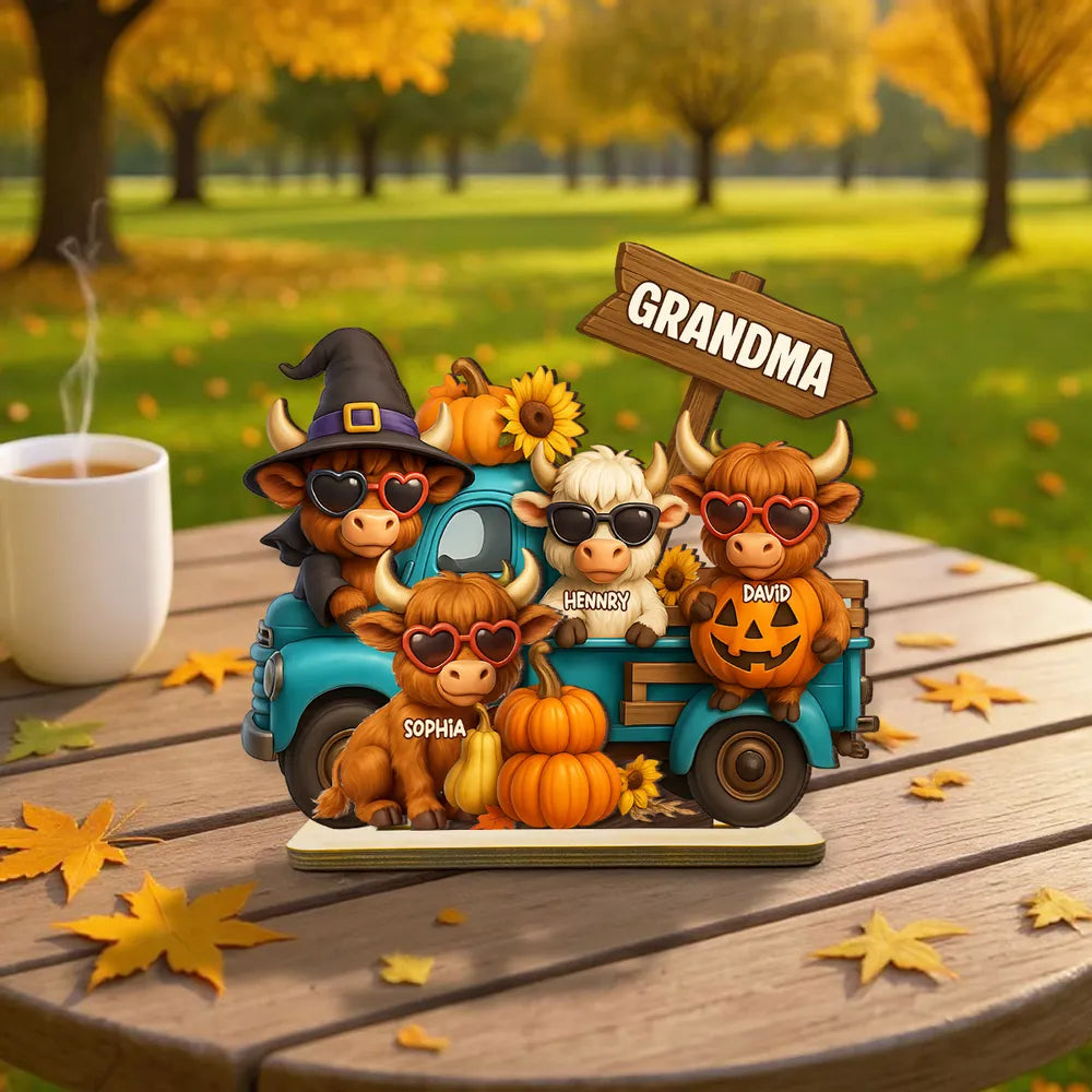Mom Grandma Highland Cow on Truck Personalized Standing Wooden Plaque, Cozy Fall Vibe Halloween Decor for Mom, Grandma