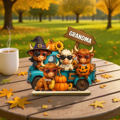 Mom Grandma Highland Cow on Truck Personalized Standing Wooden Plaque, Cozy Fall Vibe Halloween Decor for Mom, Grandma
