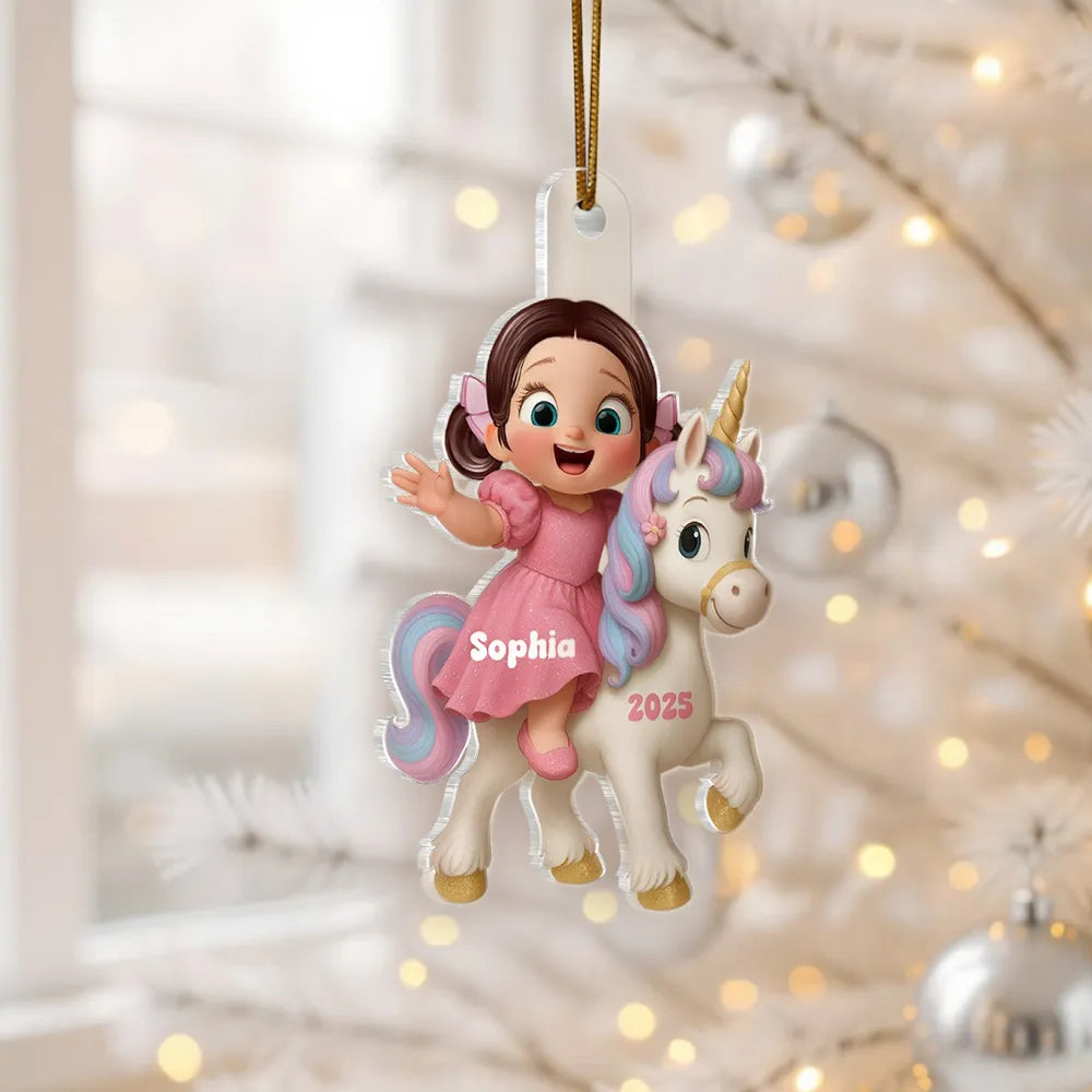 3D Effect Cute Cartoon Kid With Unicorn Christmas Personalized Flat Acrylic Ornament, Fun & Beautiful Gift For Kids, Grandkids