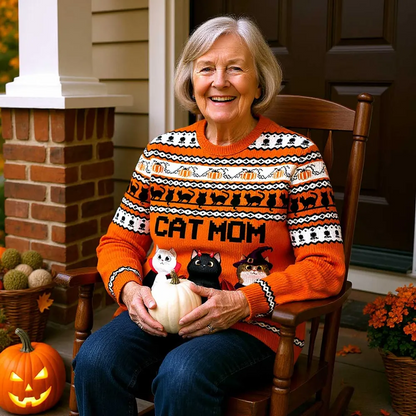 Halloween Fall Vibe Cat Mom Pattern Personalized Faux Knitting Sweater