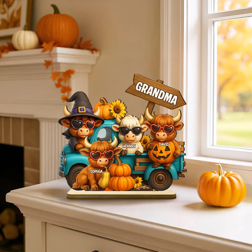 Mom Grandma Highland Cow on Truck Personalized Standing Wooden Plaque, Cozy Fall Vibe Halloween Decor for Mom, Grandma