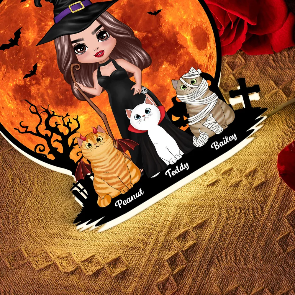 Witch Cat Mom Under Halloween Moon Tabletop Tier Tray Decor Personalized Light Box, Halloween Decor For Cat Lovers