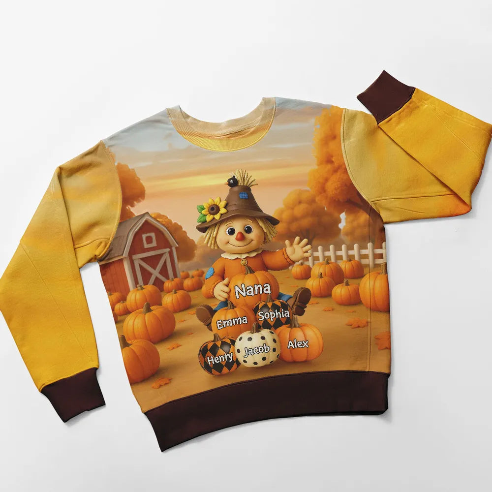 Fall Season Grandma Scarecrow Grandkids Pumpkins 3D Effect Personalized Sweatshirt