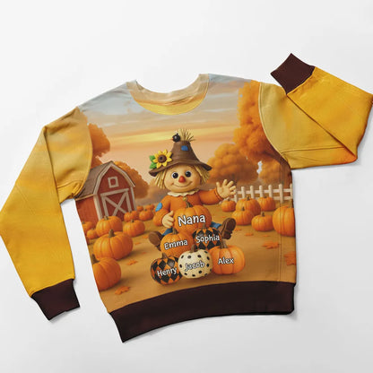 Fall Season Grandma Scarecrow Grandkids Pumpkins 3D Effect Personalized Sweatshirt