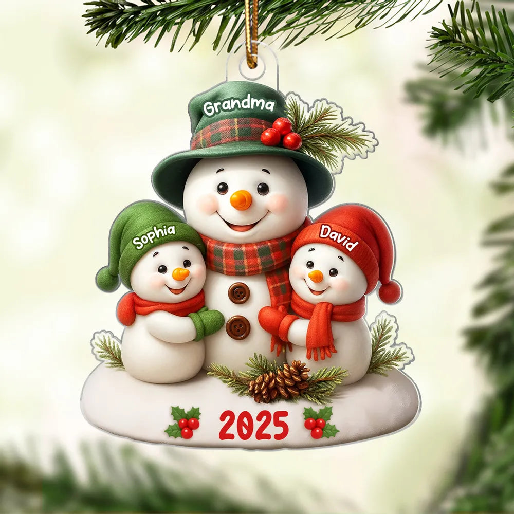 Snowman Grandma Hugging Grandkids Personalized Acrylic Ornament, Christmas Gift for Grandma, Grandkids