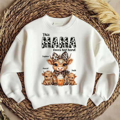 This Mama Grandma Loves Her Herds – Cozy Fall Vibe Personalized Highland Cow Family Sweatshirt