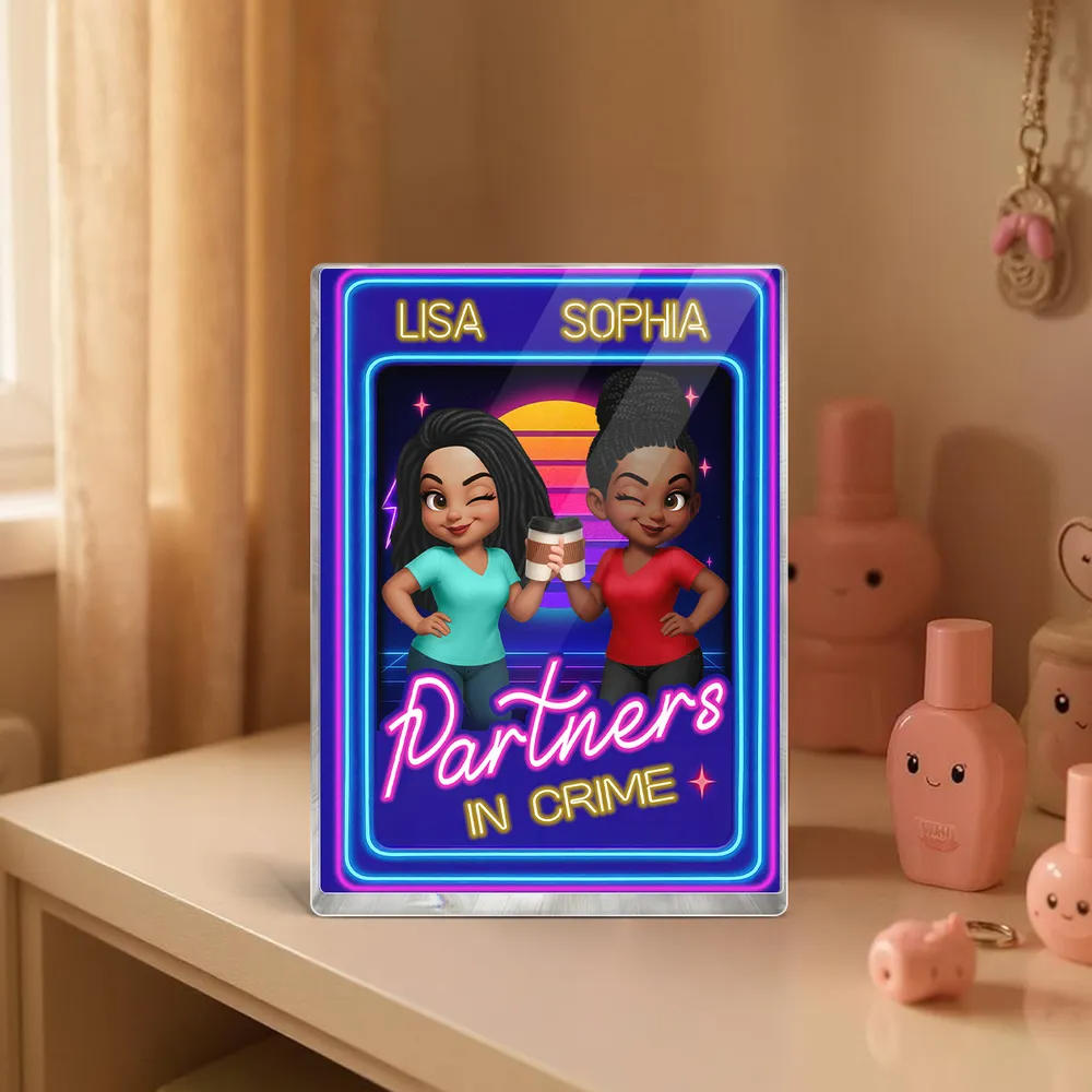 Besties Sisters Retro Rewind Neon Toy Box 3D Effect Personalized Acrylic Block