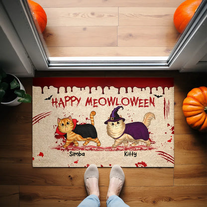 Happy Meowloween Spooky Walking Cat Personalized Doormat, Halloween Decor