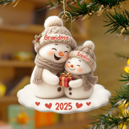 Snowman Grandma Hugging Grandkid Personalized Acrylic Ornament