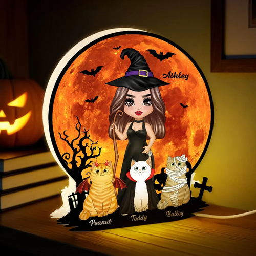 Witch Cat Mom Under Halloween Moon Tabletop Tier Tray Decor Personalized Light Box, Halloween Decor For Cat Lovers
