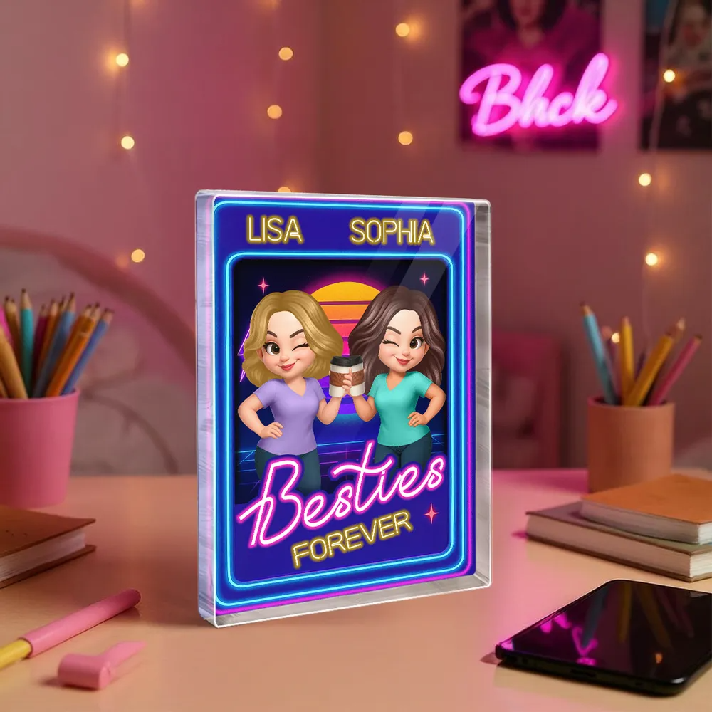 Besties Sisters Retro Rewind Neon Toy Box 3D Effect Personalized Acrylic Block