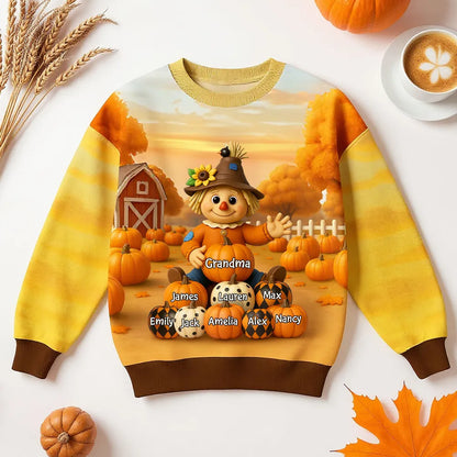 Fall Season Grandma Scarecrow Grandkids Pumpkins 3D Effect Personalized Sweatshirt