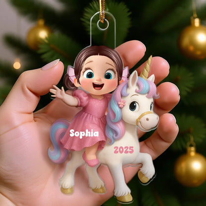 3D Effect Cute Cartoon Kid With Unicorn Christmas Personalized Flat Acrylic Ornament, Fun & Beautiful Gift For Kids, Grandkids