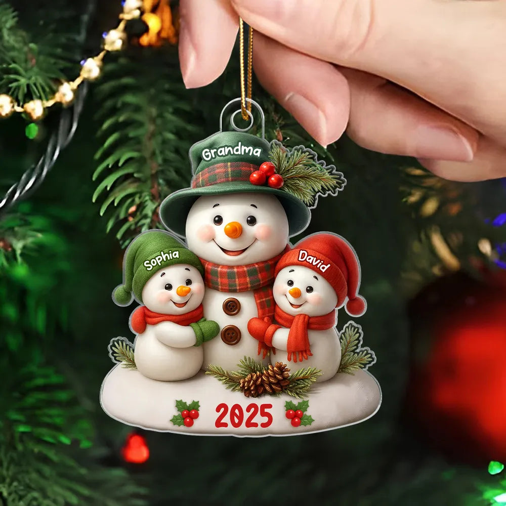 Snowman Grandma Hugging Grandkids Personalized Acrylic Ornament, Christmas Gift for Grandma, Grandkids
