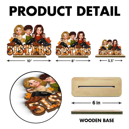 Fall Besties Sitting On Text Marquee Effect Personalized Standing Wooden Plaque, Meaningful Gift For Best Friends