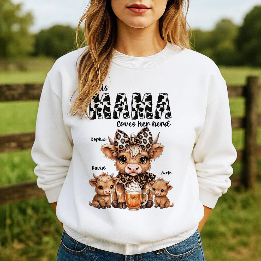 This Mama Grandma Loves Her Herds – Cozy Fall Vibe Personalized Highland Cow Family Sweatshirt