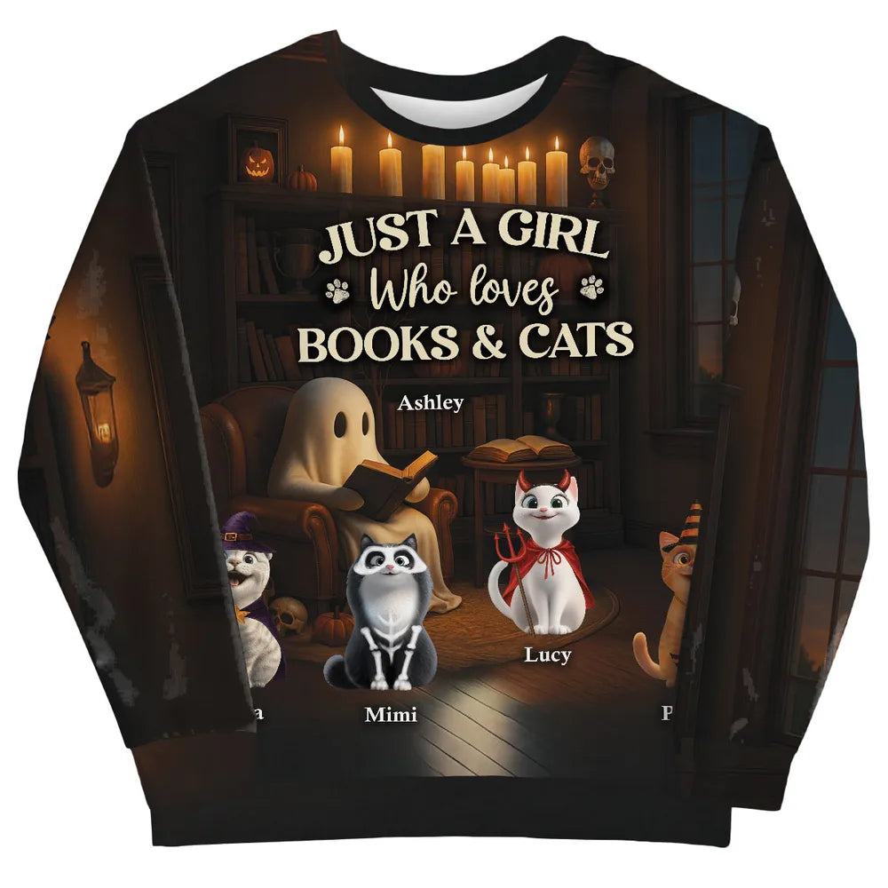 Just a Girl Who Loves Books and Cats Halloween Personalized Sweatshirt, Cozy Fall Sweatshirt for Cat Moms