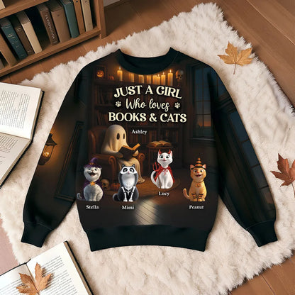 Just a Girl Who Loves Books and Cats Halloween Personalized Sweatshirt, Cozy Fall Sweatshirt for Cat Moms