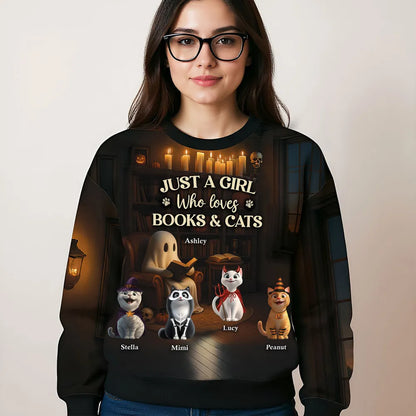 Just a Girl Who Loves Books and Cats Halloween Personalized Sweatshirt, Cozy Fall Sweatshirt for Cat Moms