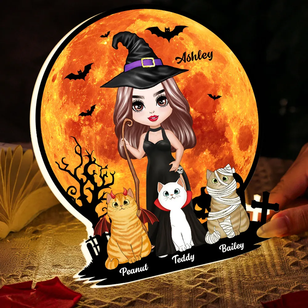 Witch Cat Mom Under Halloween Moon Tabletop Tier Tray Decor Personalized Light Box, Halloween Decor For Cat Lovers