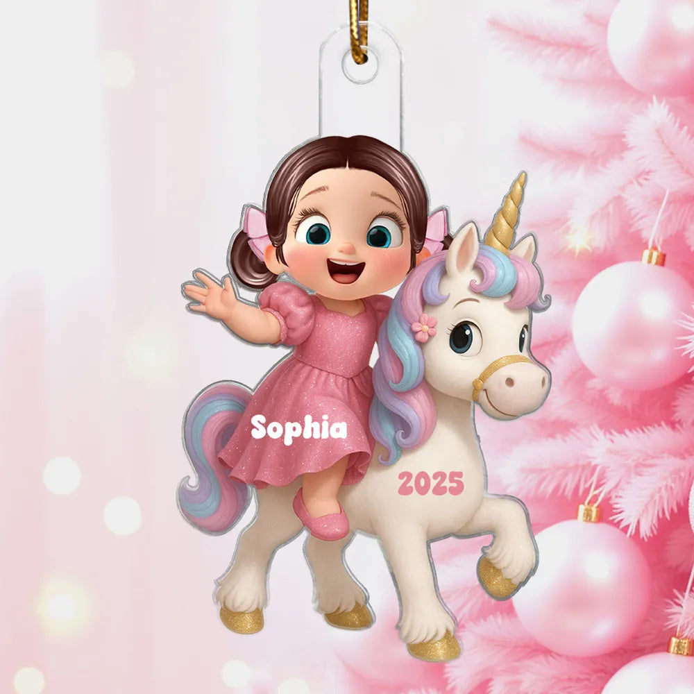 3D Effect Cute Cartoon Kid With Unicorn Christmas Personalized Flat Acrylic Ornament, Fun & Beautiful Gift For Kids, Grandkids