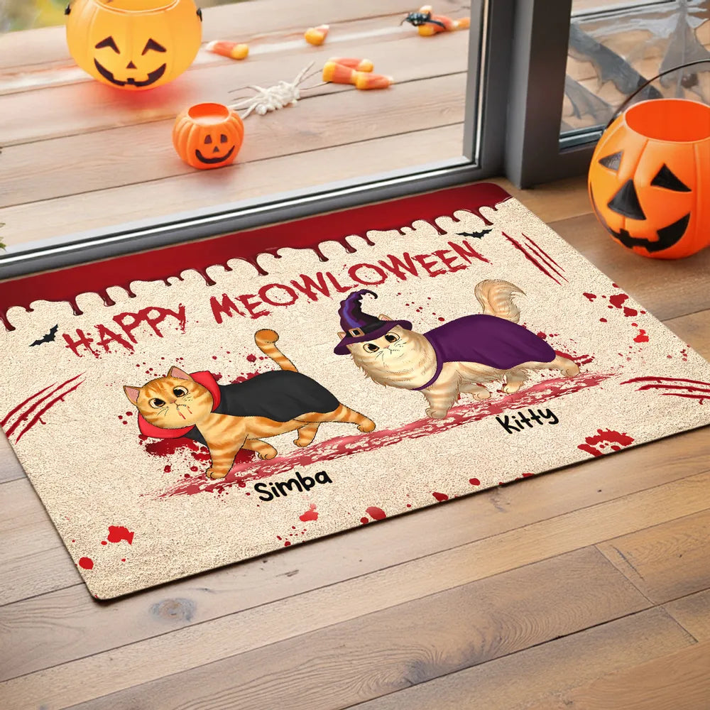 Happy Meowloween Spooky Walking Cat Personalized Doormat, Halloween Decor