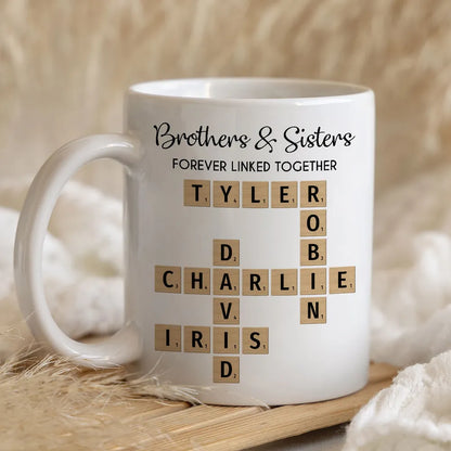 Brothers And Sisters Forever Linked Together Crossword Puzzle Art Personalized Mug, Gift For Brothers, Sisters, Siblings, Family