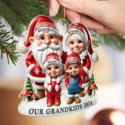 3D Effect Gnome Grandma Grandpa And Grandkids Christmas Personalized Flat Acrylic Ornament