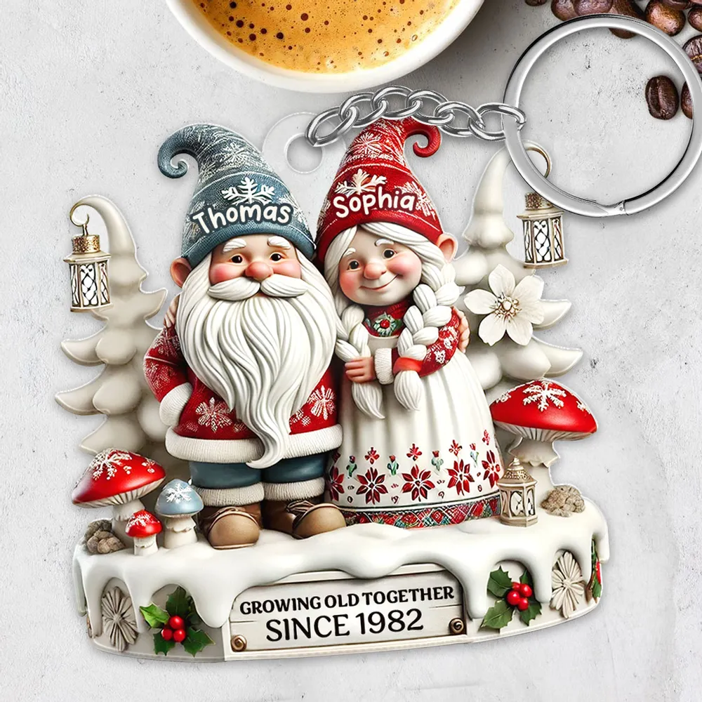 3D Effect Gnome Couple Together Personalized Acrylic Keychain, Gift For Him, For Her, Husband, Wife