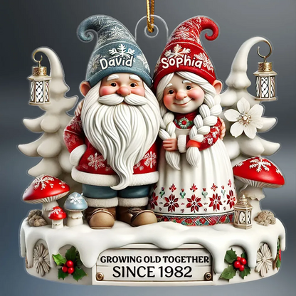 3D Effect Gnome Couple Together Christmas Personalized Flat Acrylic Ornament, Christmas Gift For Him, For Her, Husband, Wife