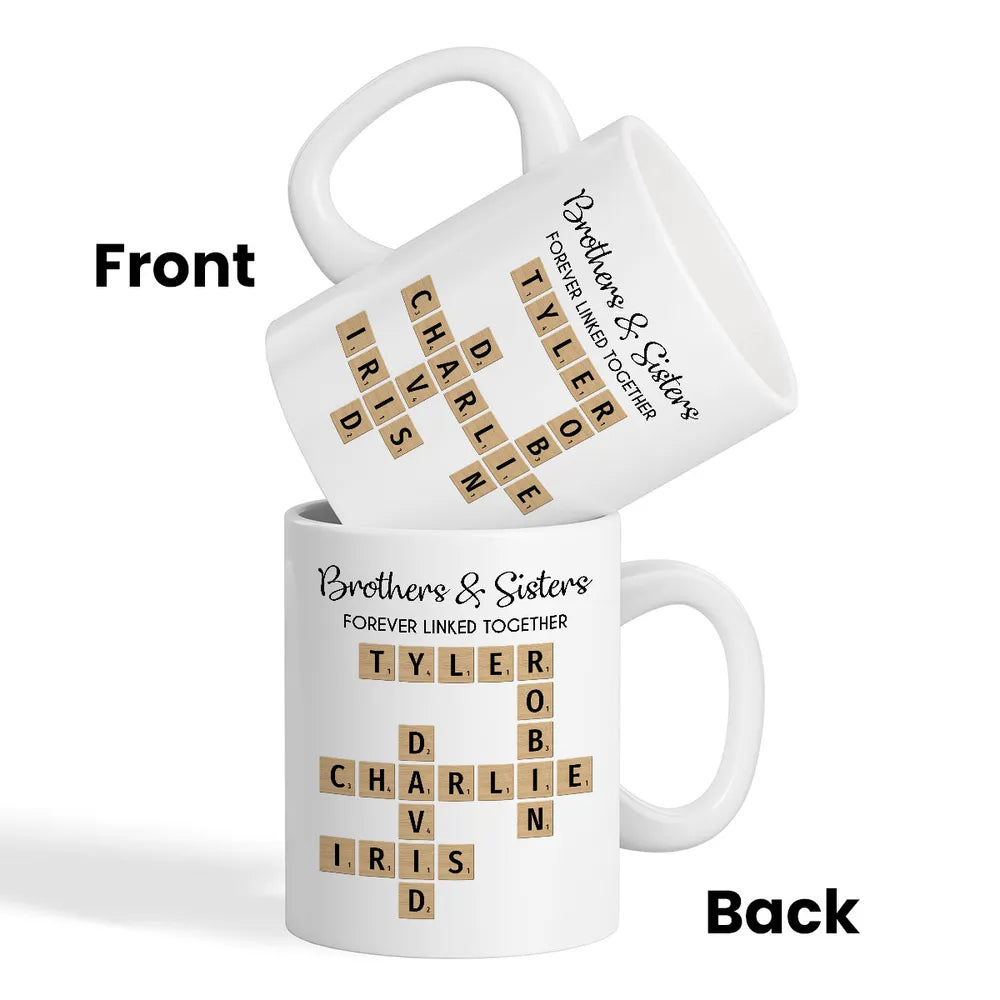 Brothers And Sisters Forever Linked Together Crossword Puzzle Art Personalized Mug, Gift For Brothers, Sisters, Siblings, Family