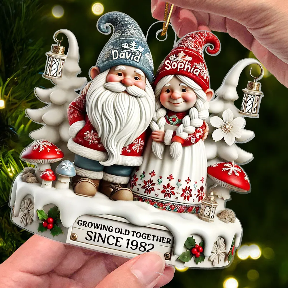 3D Effect Gnome Couple Together Christmas Personalized Flat Acrylic Ornament, Christmas Gift For Him, For Her, Husband, Wife