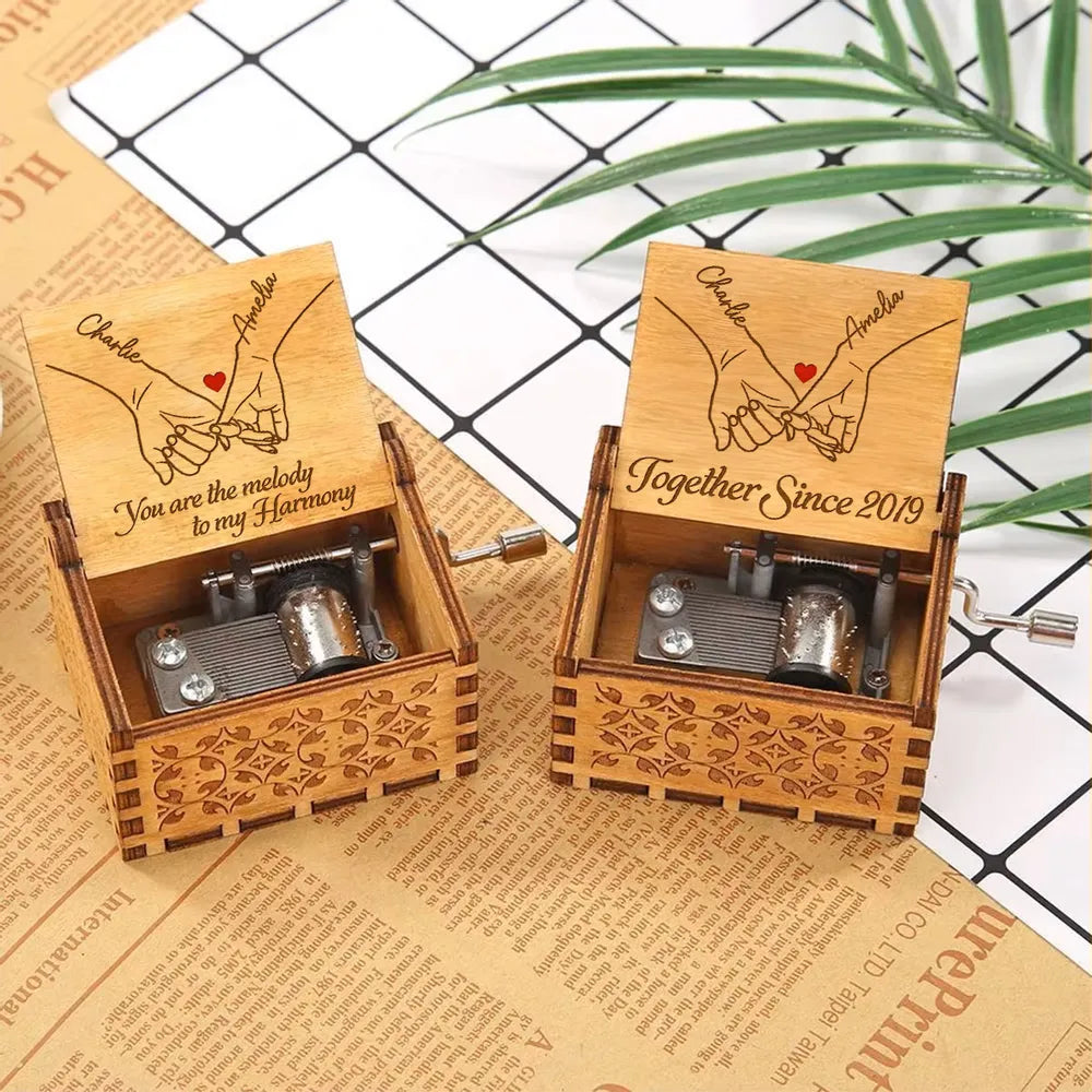 Couple Hand In Hand Engraving Custom Song Mechanical Music Box, Couple Upload Photo Personalized Music Box, Unique Anniversary Valentine's Day Gift for Him, For Her