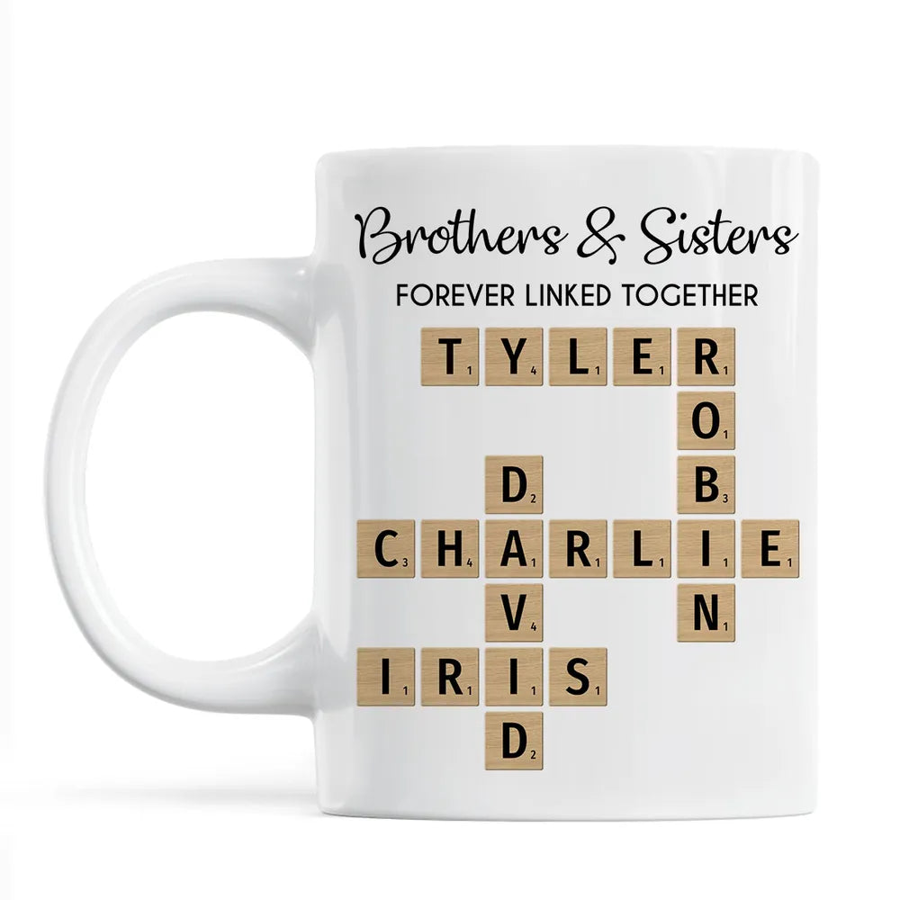 Brothers And Sisters Forever Linked Together Crossword Puzzle Art Personalized Mug, Gift For Brothers, Sisters, Siblings, Family