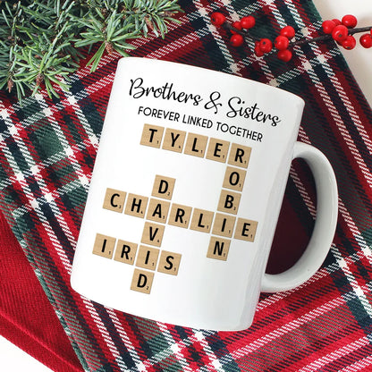 Brothers And Sisters Forever Linked Together Crossword Puzzle Art Personalized Mug, Gift For Brothers, Sisters, Siblings, Family