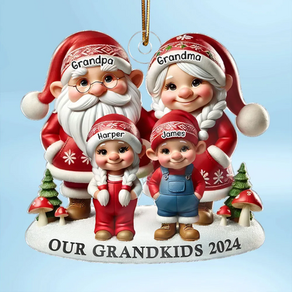 3D Effect Gnome Grandma Grandpa And Grandkids Christmas Personalized Flat Acrylic Ornament