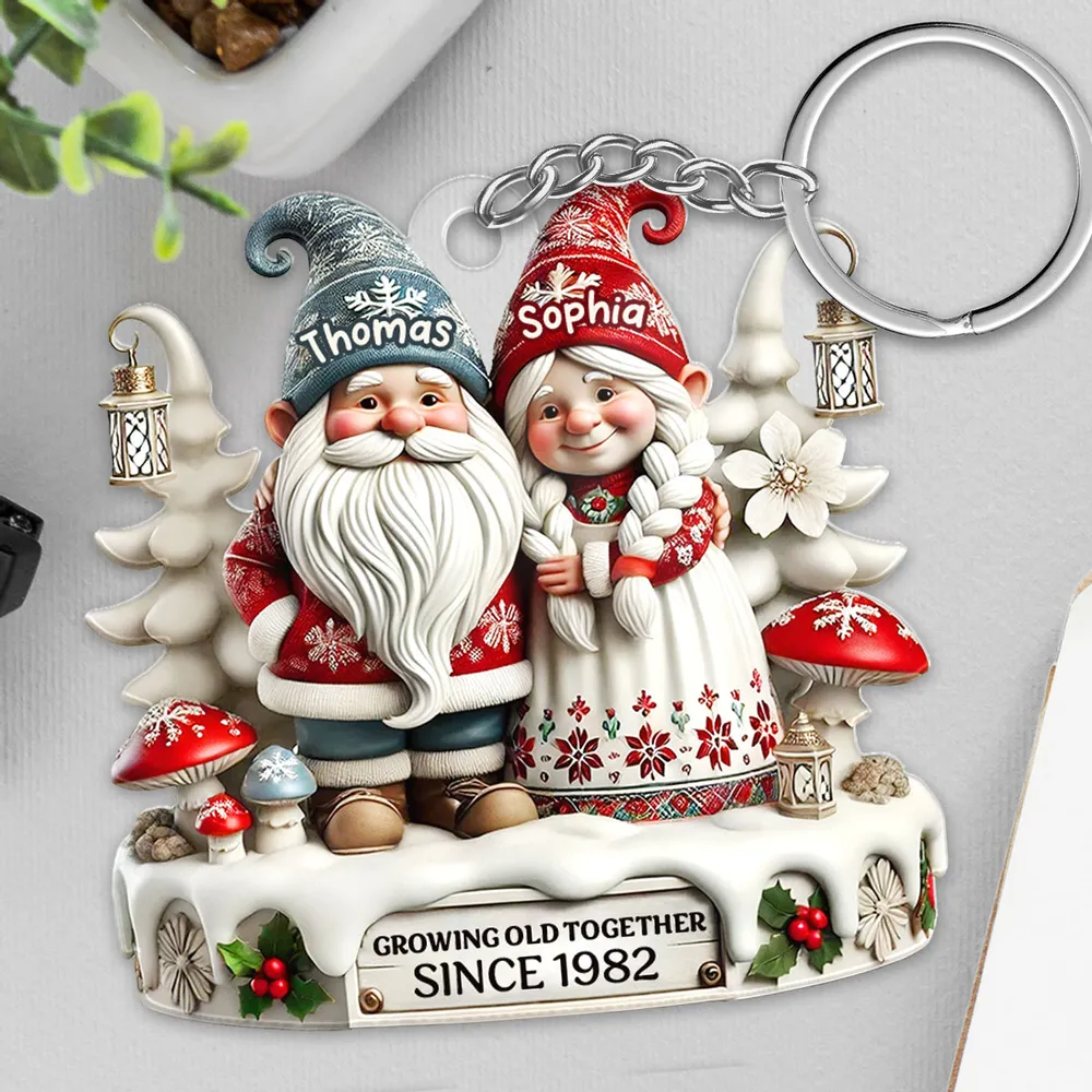 3D Effect Gnome Couple Together Personalized Acrylic Keychain, Gift For Him, For Her, Husband, Wife