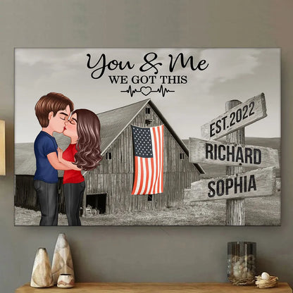 Retro Barn American Flag Thin Blue Line Hero Couple Personalized Poster, Anniversary Valentine's Day Gift For Him, Her, Husband, Wife, Proud Occupation