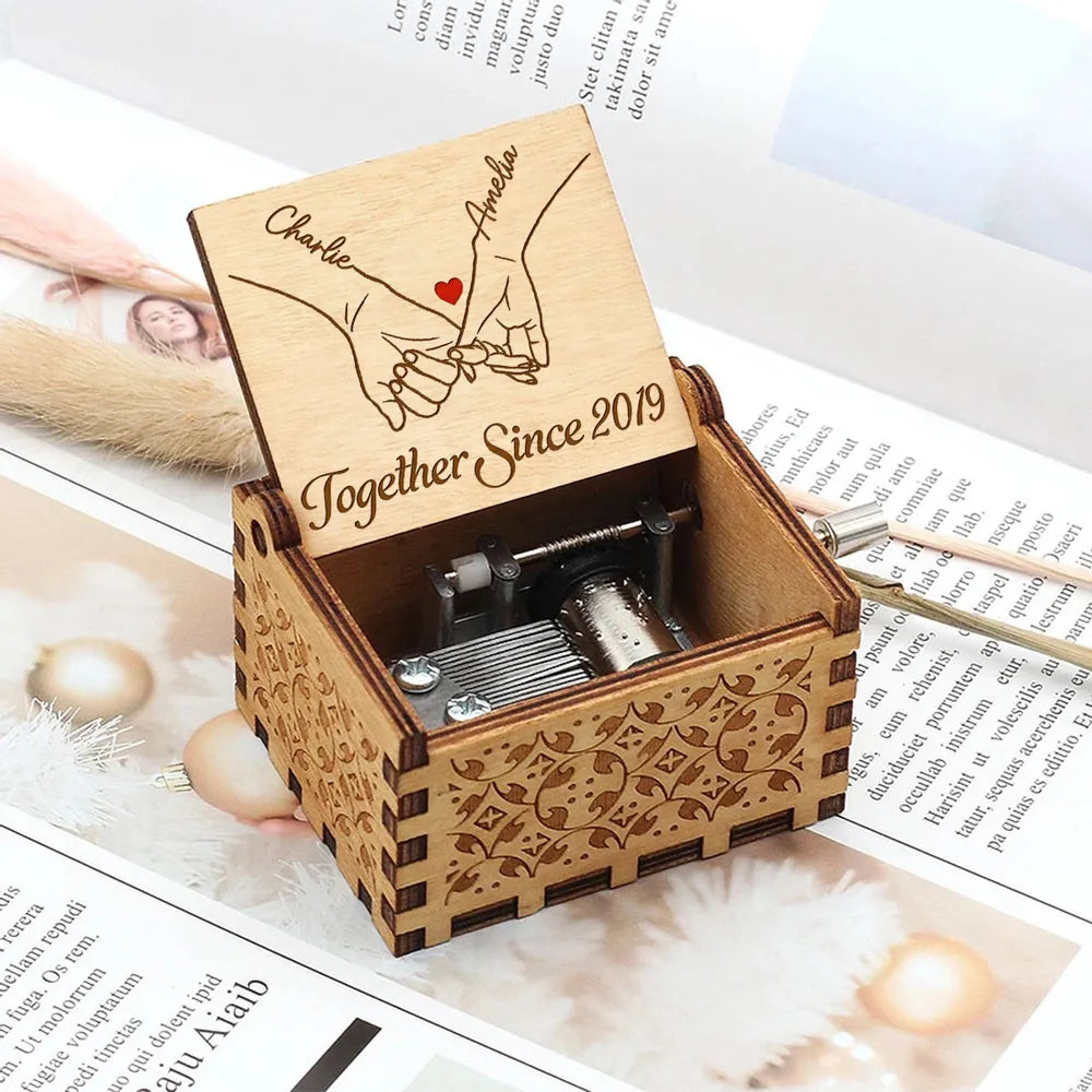 Couple Hand In Hand Engraving Custom Song Mechanical Music Box, Couple Upload Photo Personalized Music Box, Unique Anniversary Valentine's Day Gift for Him, For Her