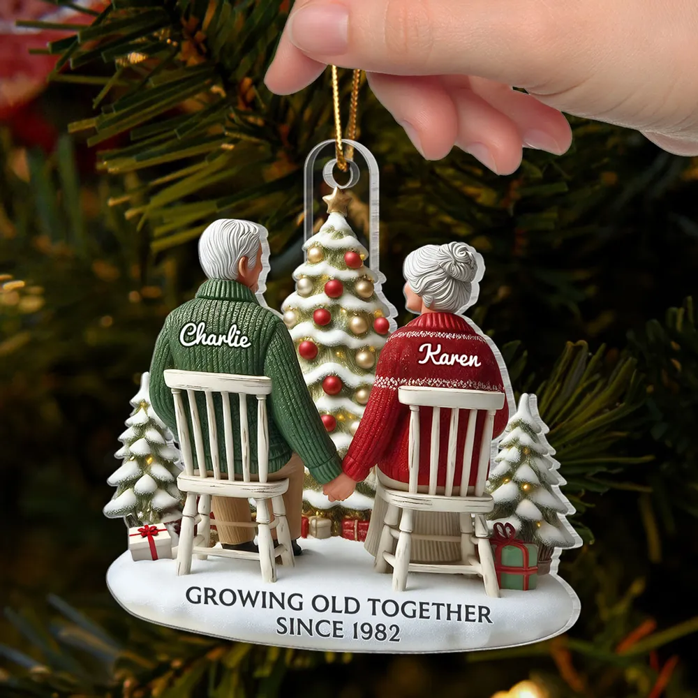 3D Effect Old Couple Growing Old Together Christmas Personalized Flat Acrylic Ornament, Christmas Gift For Him, For Her, Husband, Wife