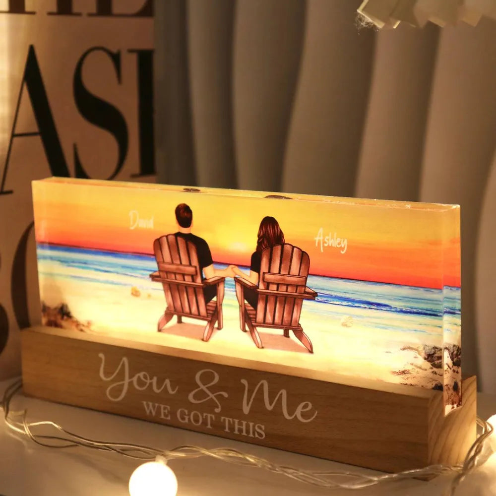 Couple Sitting At Beach Retro Personalized LED Night Light, Anniversary Gift For Couple, Husband, Wife, Dad, Mom